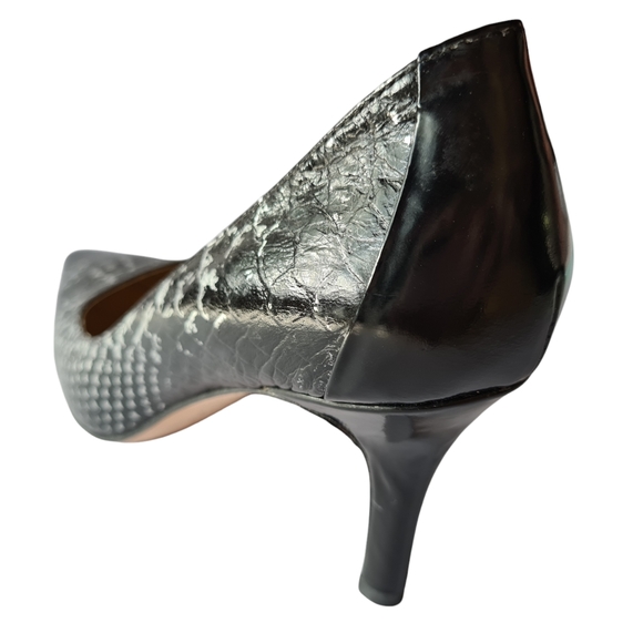 MIMCO Size 37 Leather Black Pointed Toe Silver Embossed Pumps Heels - Picture 6 of 13